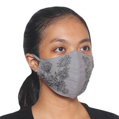 Alternate image for 2 Beaded Embroidered Cotton Face Masks in Gray and Turquoise Glamorous Grey and Turquoise