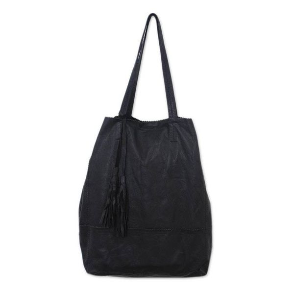 Alternate image for Handmade Leather Tote Handbag in Black from Bali Jogja Shopper in Black