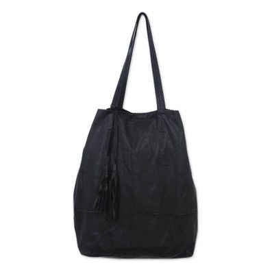 Primary image for Handmade Leather Tote Handbag in Black from Bali Jogja Shopper in Black