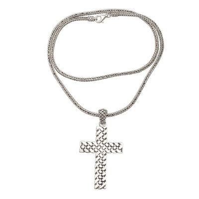 Primary image for Oxidized Sterling Silver Basketweave Cross Pendant Necklace Woven Cross