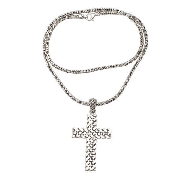 Alternate image for Oxidized Sterling Silver Basketweave Cross Pendant Necklace Woven Cross