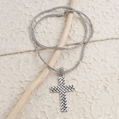 Alternate image for Oxidized Sterling Silver Basketweave Cross Pendant Necklace Woven Cross