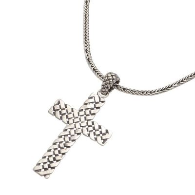 Alternate image for Oxidized Sterling Silver Basketweave Cross Pendant Necklace Woven Cross