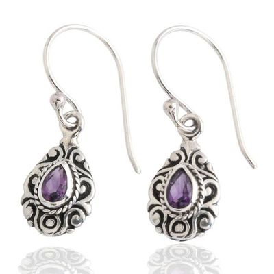 Alternate image for Polished and Oxidized Faceted Pear Amethyst Dangle Earrings Purple Lagoon