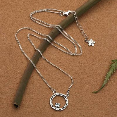 Primary image for Blue Topaz Silver Necklace with Circular Leaf-Themed Pendant Botanical Radiance