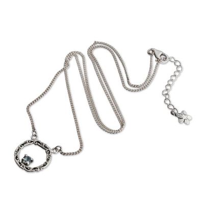 Alternate image for Blue Topaz Silver Necklace with Circular Leaf-Themed Pendant Botanical Radiance