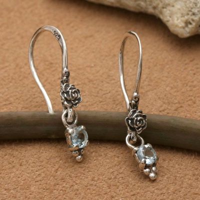 Primary image for Floral-Themed Silver Dangle Earrings with Blue Topaz Stones Blooming Splendor