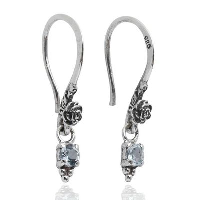 Alternate image for Floral-Themed Silver Dangle Earrings with Blue Topaz Stones Blooming Splendor