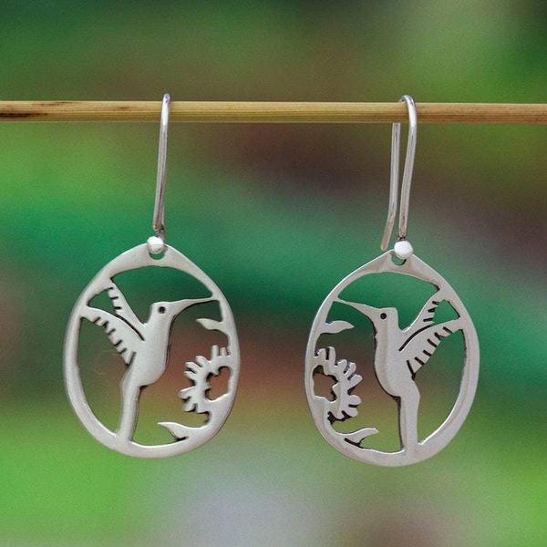 Alternate image for Openwork Taxco Silver Dangle Earrings with Hummingbird Motif Hummingbird Charm