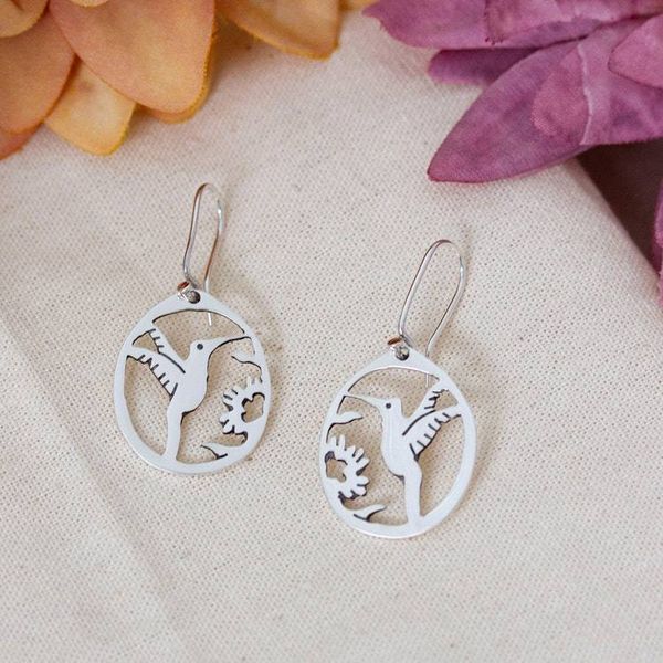 Alternate image for Openwork Taxco Silver Dangle Earrings with Hummingbird Motif Hummingbird Charm