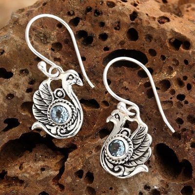 Alternate image for Balinese-Made Swan-Shaped Faceted Blue Topaz Dangle Earrings Heavenly Lake