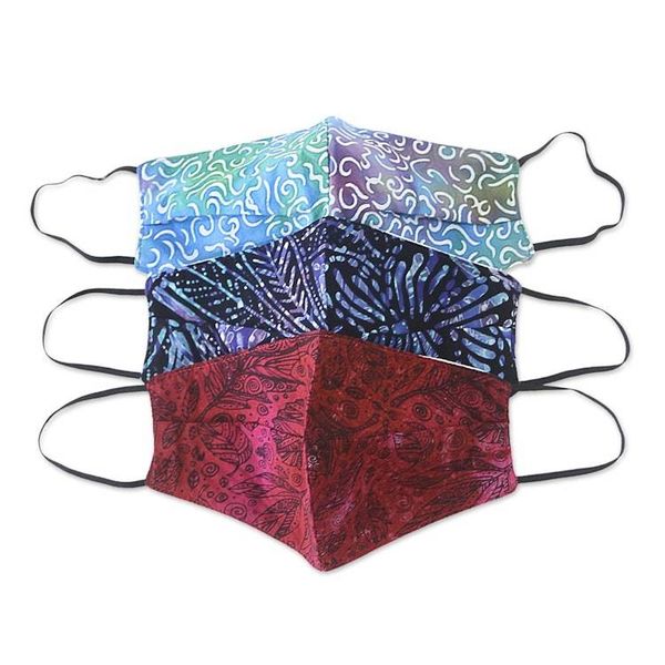 Alternate image for 3 Double Layer Hand Stamped Rayon Batik Elastic Loop Masks Island Attitude