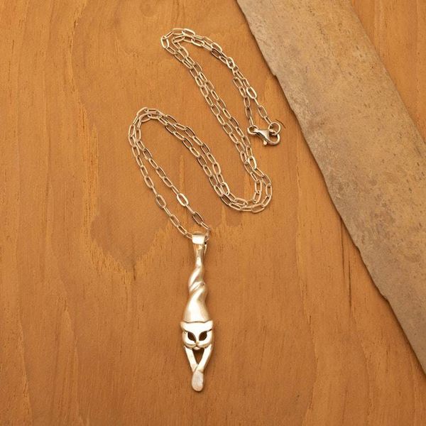 Alternate image for Whimsical Leaping Cat-Themed Silver Pendant Necklace Leaping Kitty