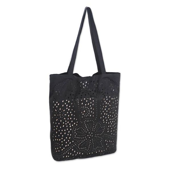 Alternate image for Floral Openwork Leather Shoulder Bag in Black from Bali Jogja Stars in Black