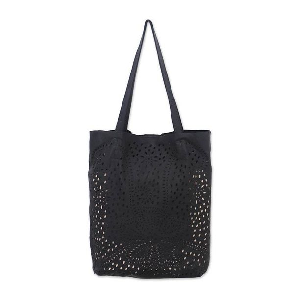 Alternate image for Floral Openwork Leather Shoulder Bag in Black from Bali Jogja Stars in Black