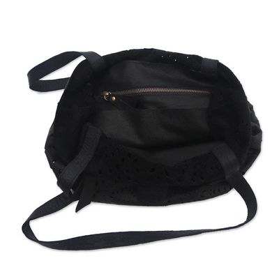 Alternate image for Floral Openwork Leather Shoulder Bag in Black from Bali Jogja Stars in Black