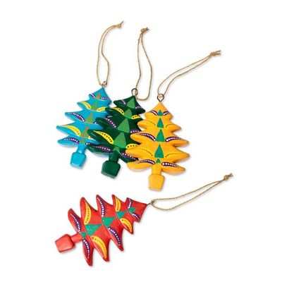 Alternate image for 4 Christmas Pine Tree-Themed Hand-Painted Wood Ornaments Colorful Pines