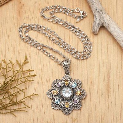 Alternate image for Multi-gemstone Flower Pendant Necklace from Bali Rainbow Flower