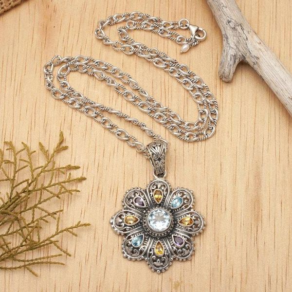 Alternate image for Multi-gemstone Flower Pendant Necklace from Bali Rainbow Flower