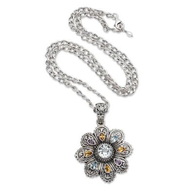Alternate image for Multi-gemstone Flower Pendant Necklace from Bali Rainbow Flower