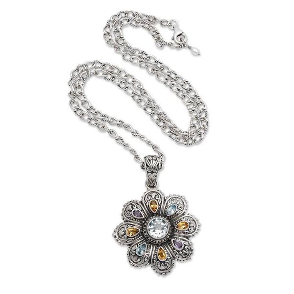 Alternate image for Multi-gemstone Flower Pendant Necklace from Bali Rainbow Flower