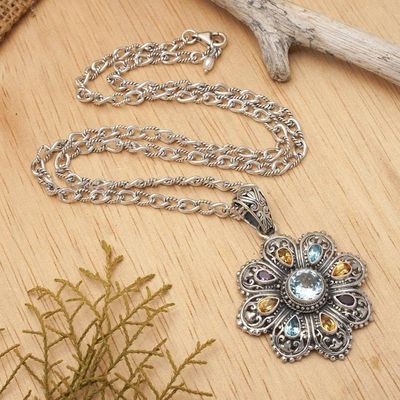 Alternate image for Multi-gemstone Flower Pendant Necklace from Bali Rainbow Flower