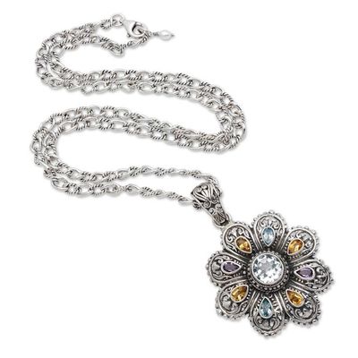 Alternate image for Multi-gemstone Flower Pendant Necklace from Bali Rainbow Flower