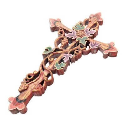 Alternate image for Hand Crafted Suar Wood Cross Relief Panel Vine Forest