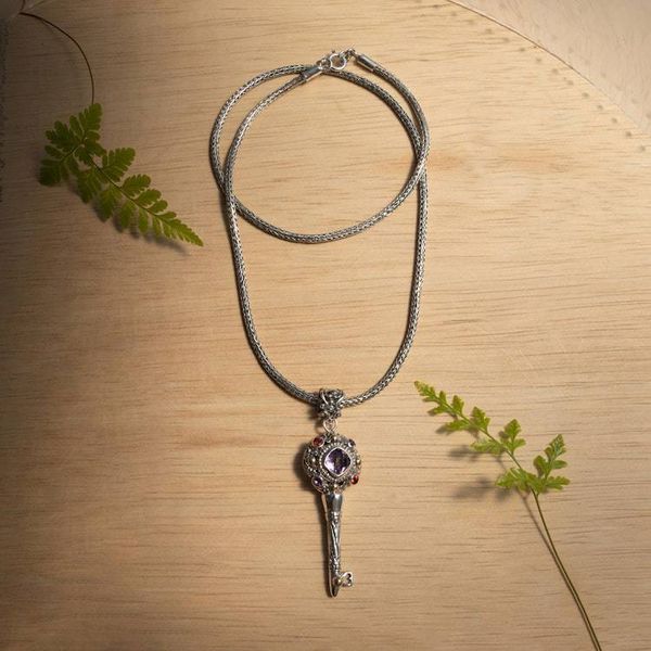 Alternate image for 1-Carat Faceted Amethyst and Garnet Key Pendant Necklace Key of Memory