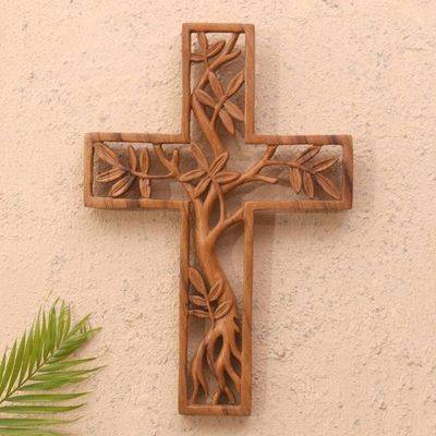 Alternate image for Handmade Suar Wood Cross Relief Panel Blessed Cross