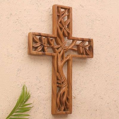 Alternate image for Handmade Suar Wood Cross Relief Panel Blessed Cross