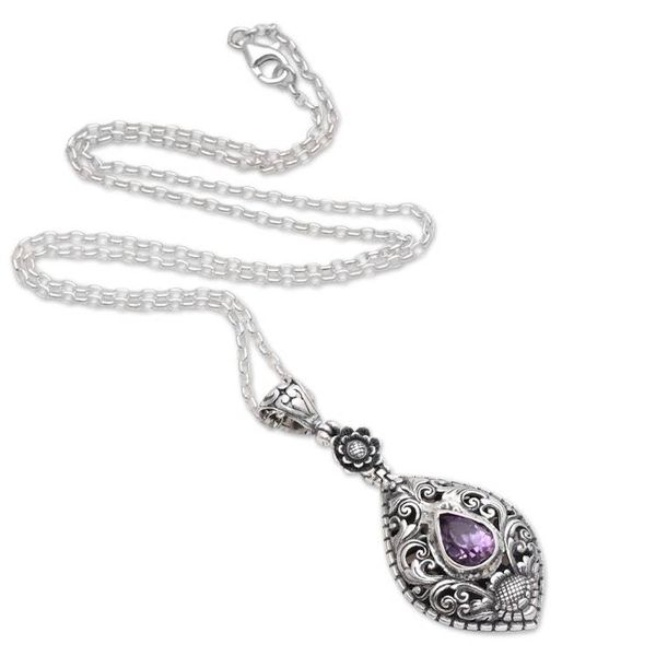 Alternate image for Artisan Crafted Amethyst Sterling Silver Pendant Necklace Balinese Traditional