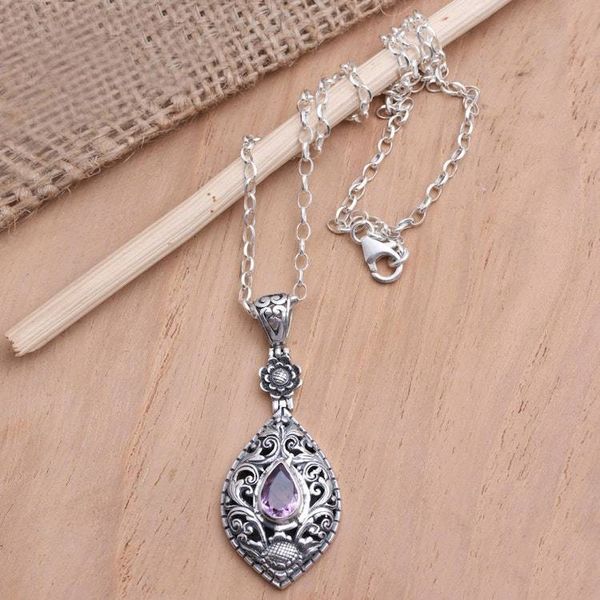 Alternate image for Artisan Crafted Amethyst Sterling Silver Pendant Necklace Balinese Traditional