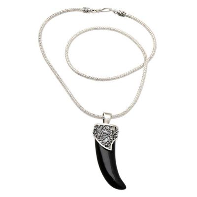 Primary image for Mens Sterling Silver Pendant Necklace Black Tiger Tooth