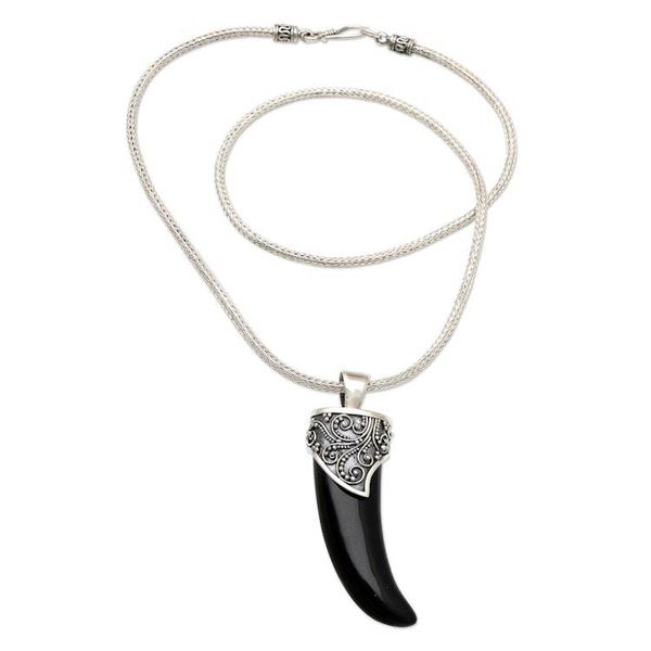Alternate image for Mens Sterling Silver Pendant Necklace Black Tiger Tooth