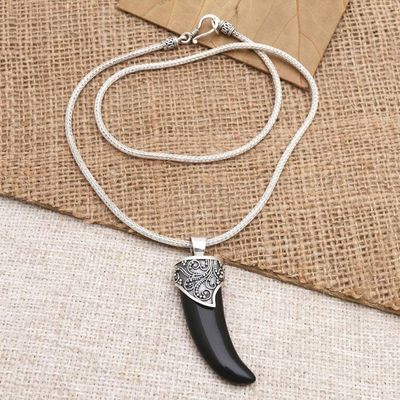 Alternate image for Mens Sterling Silver Pendant Necklace Black Tiger Tooth