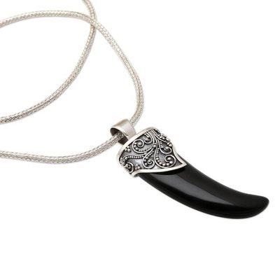 Alternate image for Mens Sterling Silver Pendant Necklace Black Tiger Tooth