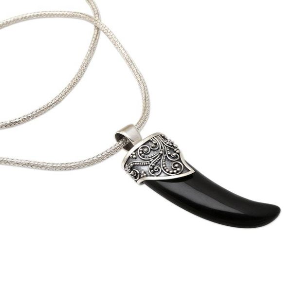 Alternate image for Mens Sterling Silver Pendant Necklace Black Tiger Tooth