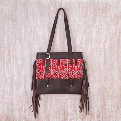 Alternate image for Fringed Brown Leather and Cotton Ikat Handbag Jepara Primitive