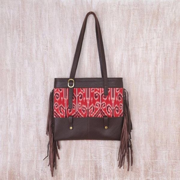 Alternate image for Fringed Brown Leather and Cotton Ikat Handbag Jepara Primitive