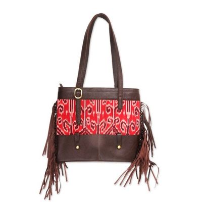 Alternate image for Fringed Brown Leather and Cotton Ikat Handbag Jepara Primitive
