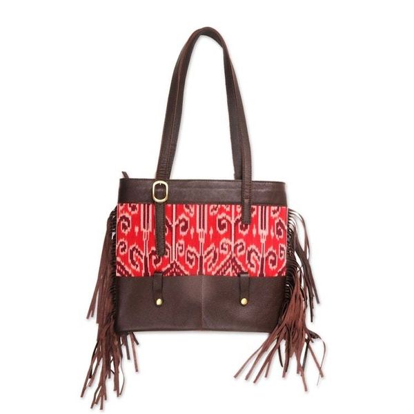 Alternate image for Fringed Brown Leather and Cotton Ikat Handbag Jepara Primitive