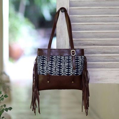 Alternate image for Fringed Brown Leather and Cotton Ikat Handbag Jepara Primitive