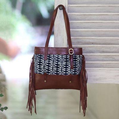 Alternate image for Cotton Ikat and Leather Shoulder Bag with Fringe Muria Primitive