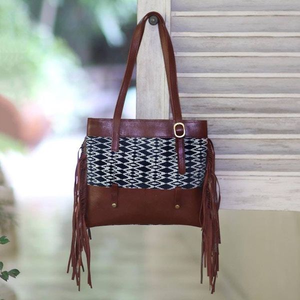 Alternate image for Cotton Ikat and Leather Shoulder Bag with Fringe Muria Primitive