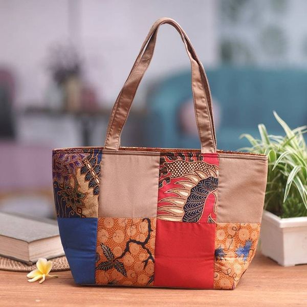 Alternate image for Brown Cotton Handbag with Batik Motifs and Zipper Closure Brown Puzzle