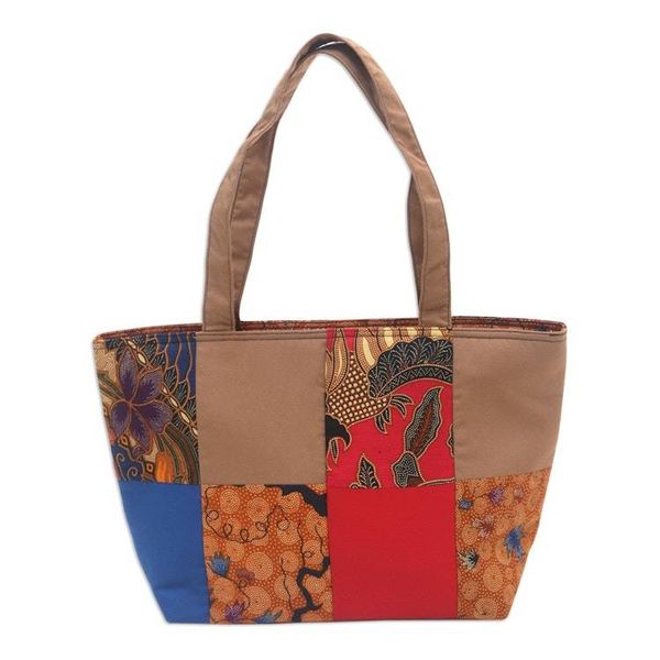 Alternate image for Brown Cotton Handbag with Batik Motifs and Zipper Closure Brown Puzzle