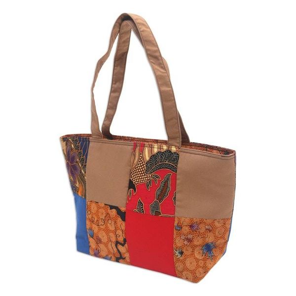 Alternate image for Brown Cotton Handbag with Batik Motifs and Zipper Closure Brown Puzzle