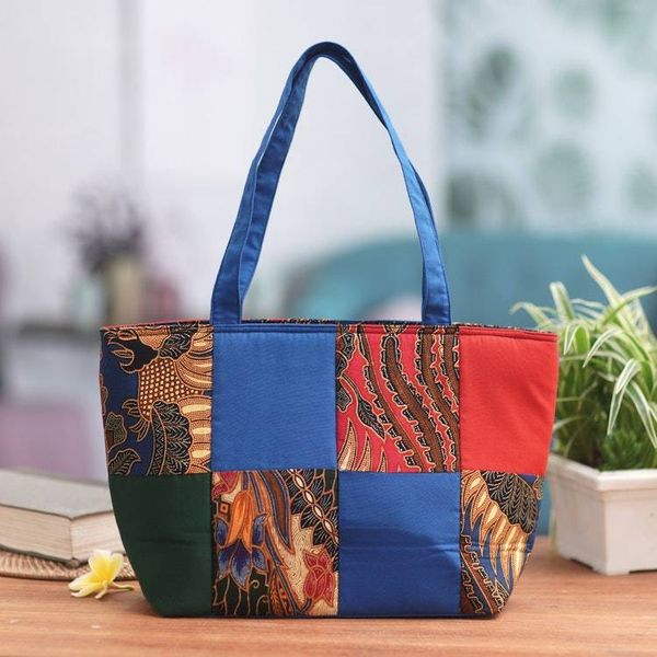 Alternate image for Blue Cotton Handbag with Batik Motifs and Zipper Closure Blue Puzzle