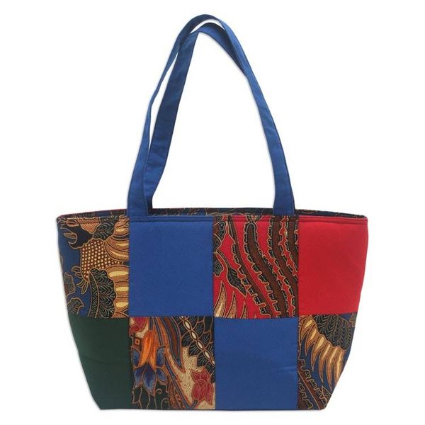 Alternate image for Blue Cotton Handbag with Batik Motifs and Zipper Closure Blue Puzzle